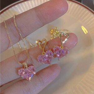 Pink Full Crystal Heart‎ Jewelry Geometric Vintage High-End Necklace Gift Set